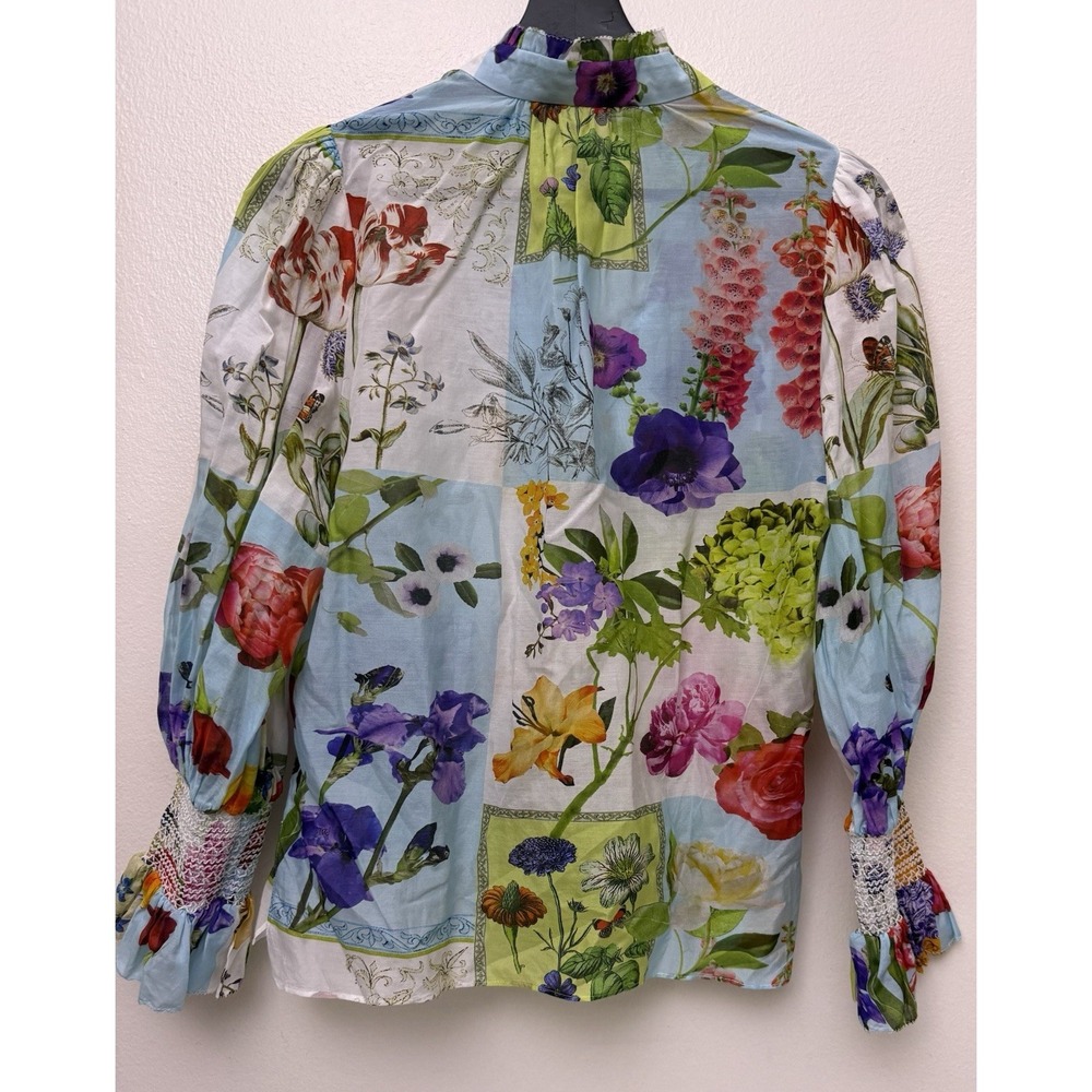 Alice + Olivia Ilan Smocked-Sleeve Button-Front Blouse Top Silk Blend Small - Picture 3 of 9